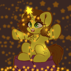 Size: 2000x2000 | Tagged: safe, artist:etoz, imported from derpibooru, oc, oc only, pony, unicorn, chibi, cute, female, garland, happy, horn, mare, open mouth, sitting, sketch, smiling, solo, stars, unicorn oc