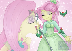 Size: 1754x1240 | Tagged: safe, artist:nadiakaizane, imported from derpibooru, fluttershy, bird, equestria girls, equestria girls series, so much more to me, clothes, cute, dress, eyeshadow, female, makeup, microphone, shyabetes, singing, smiling