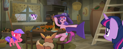 Size: 862x344 | Tagged: safe, edit, imported from derpibooru, starlight glimmer, twilight sparkle, oc, oc:formosana, oc:nataly sparkle, earth pony, eevee, pony, unicorn, cape, clothes, hat, kitchen, pokémon, table, trixie's cape, trixie's hat