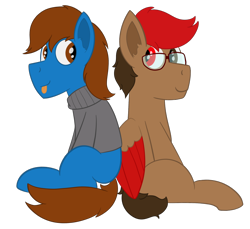 Size: 1400x1280 | Tagged: safe, artist:derpy_the_duck, imported from derpibooru, oc, oc only, oc:derp, oc:sock, earth pony, pegasus, derpibooru community collaboration, 2021 community collab, :p, clothes, glasses, looking at each other, simple background, tongue out, transparent background