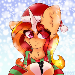 Size: 2000x2000 | Tagged: safe, artist:etoz, imported from derpibooru, oc, oc only, pony, unicorn, blushing, christmas, clothes, commission, female, happy, hat, holiday, horn, icon, mare, santa hat, scarf, smiling, snow, snowfall, solo, winter, winter outfit, ych result