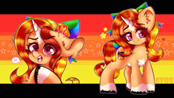 Size: 3840x2160 | Tagged: safe, artist:etoz, imported from derpibooru, oc, oc only, oc:sunrise diamond, unicorn, angry, blushing, bow, chibi, commission, female, horn, mare, smiling, tsundere, unicorn oc, wallpaper, ych result