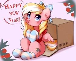 Size: 2712x2192 | Tagged: safe, artist:pledus, imported from derpibooru, oc, oc only, oc:bay breeze, pegasus, pony, blushing, bow, box, clothes, cute, female, hair bow, looking at you, mare, new year, ocbetes, socks, solo, speech bubble, striped socks