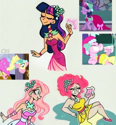 Size: 720x775 | Tagged: safe, artist:citi, edit, edited screencap, imported from derpibooru, screencap, fluttershy, pinkie pie, twilight sparkle, human, pegasus, pony, a canterlot wedding, alternate hairstyle, breasts, bridesmaid dress, cake, cleavage, clothes, cute, diapinkes, dress, eating, food, glowing hands, humanized, magic, scene interpretation, screencap reference, shyabetes, twiabetes