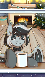 Size: 225x381 | Tagged: safe, artist:tigra0118, imported from derpibooru, oc, oc only, bat pony, pony, bat pony oc, bat wings, bowtie, christmas, christmas tree, female, fire, fireplace, holiday, mug, pixel art, snow, snowfall, solo, tree, wings