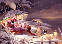 Size: 4093x2894 | Tagged: safe, artist:shore2020, imported from derpibooru, oc, oc only, kirin, beach umbrella, bendy straw, crossed legs, drinking, drinking straw, kirin oc, night, relaxing, scenery, smiling, snow, solo, string lights, winter