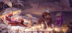 Size: 6201x2894 | Tagged: safe, artist:shore2020, imported from derpibooru, derpy hooves, flitter, thunderlane, oc, kirin, pegasus, pony, beach umbrella, bendy straw, cloud, crossed legs, drinking, drinking straw, kirin oc, light, night, outdoors, relaxing, snow, string lights, tree, winter