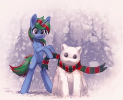 Size: 2454x2000 | Tagged: safe, artist:koviry, imported from derpibooru, oc, oc only, oc:wander bliss, pony, unicorn, bipedal, clothes, cute, ocbetes, scarf, smiling, snow, snowpony, solo, striped scarf, winter