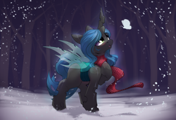 Size: 2714x1855 | Tagged: safe, artist:hitbass, imported from derpibooru, queen chrysalis, changeling, changeling queen, clothes, cute, cutealis, female, night, open mouth, scarf, snow, solo, winter