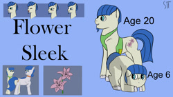 Size: 1280x720 | Tagged: safe, artist:schumette14, imported from derpibooru, oc, oc:flower sleek, earth pony, flower, next generation, parent:blueberry curls, parent:lockdown, parents:blueberrydown, parents:lockcurls, redesign, story included, twin