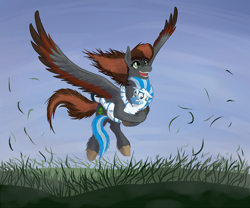 Size: 1800x1500 | Tagged: safe, artist:borsch-zebrovich, imported from derpibooru, oc, oc only, fly, insect, pegasus, pony, zebra, ear piercing, earring, grass, grass field, happy, hooves, hug, jewelry, piercing, tail