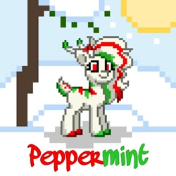 Size: 720x720 | Tagged: safe, artist:band sickle, artist:bandwidth, imported from derpibooru, oc, oc only, oc:peppermint, deer, cute, deer oc, female, festive, horns, name tag, pixel art, pony town art, snow, solo, stripes, sun, sunlight, sunny, tree, winter