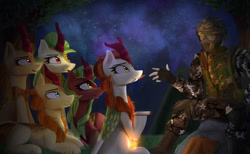 Size: 1139x701 | Tagged: safe, artist:nixworld, imported from derpibooru, autumn afternoon, autumn blaze, cinder glow, fern flare, spring glow, summer flare, human, kirin, fanfic:questionable ethics, adrian shephard, crossover, fanfic art, h.e.c.u., half-life, half-life: opposing force, mouth hold