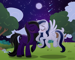 Size: 1200x964 | Tagged: safe, artist:jennieoo, imported from derpibooru, oc, oc:andrewmeda, oc:milky way, oc:milky way (sodadrinker11), earth pony, pegasus, pony, female, forest, kissing, male, moon, night, oc x oc, shipping, show accurate, straight, wings