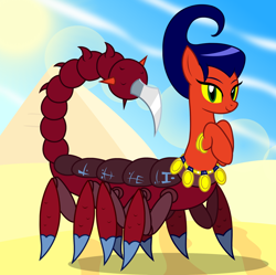 Size: 2148x2140 | Tagged: safe, artist:badumsquish, derpibooru exclusive, imported from derpibooru, oc, oc only, genie, hybrid, monster pony, original species, pony, scorpion, scorpion pony, belt, bracelet, desert, female, jewelry, lidded eyes, looking at you, mare, monster, ponified, pyramid, raised hooves, scorpgal, scorpion tail, shantae, shantae and the seven sirens, show accurate, smiling, solo, sun, yellow sclera