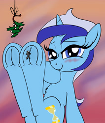 Size: 3400x4000 | Tagged: safe, alternate version, artist:littlenaughtypony, imported from derpibooru, part of a set, minuette, oc, oc:soulbreaker, pony, unicorn, bedroom eyes, blushing, female, fetish, frog (hoof), giantess, hoof fetish, looking at you, macro, micro, mistletoe, smiling, tiny, underhoof