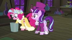 Size: 1920x1080 | Tagged: safe, imported from derpibooru, screencap, pinkie pie, snowfall frost, spirit of hearth's warming presents, starlight glimmer, earth pony, pony, unicorn, a hearth's warming tail, clothes, female, mare, trash can