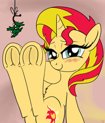 Size: 3400x4000 | Tagged: safe, alternate version, artist:littlenaughtypony, imported from derpibooru, part of a set, sunset shimmer, pony, unicorn, bedroom eyes, blushing, cute, fetish, frog (hoof), hoof fetish, looking at you, mistletoe, shimmerbetes, smiling, underhoof