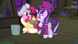 Size: 1920x1080 | Tagged: safe, imported from derpibooru, screencap, pinkie pie, snowfall frost, spirit of hearth's warming presents, starlight glimmer, earth pony, pony, unicorn, a hearth's warming tail, clothes, female, mare, trash can