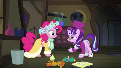 Size: 1920x1080 | Tagged: safe, imported from derpibooru, screencap, pinkie pie, snowfall frost, spirit of hearth's warming presents, starlight glimmer, earth pony, pony, unicorn, a hearth's warming tail, book, clothes, female, mare, trash can