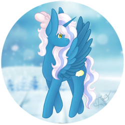 Size: 1280x1280 | Tagged: safe, artist:ioreocookie, imported from derpibooru, oc, oc only, oc:fleurbelle, alicorn, pony, alicorn oc, bow, day, female, flying, hair bow, horn, looking back, mare, solo, wings, winter, yellow eyes