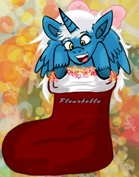 Size: 2400x3041 | Tagged: safe, artist:snowfallmountain, imported from derpibooru, oc, oc:fleurbelle, alicorn, adorabelle, alicorn oc, bow, christmas, christmas stocking, cute, female, hair bow, holiday, horn, mare, ocbetes, wings, yellow eyes