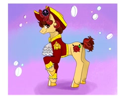 Size: 1080x859 | Tagged: safe, artist:tohor_durachok, imported from derpibooru, oc, oc only, earth pony, pony, abstract background, clothes, earth pony oc, eyelashes, flower, hat, hoof polish, pirate hat, raised hoof, rose, smiling, solo, tail wrap