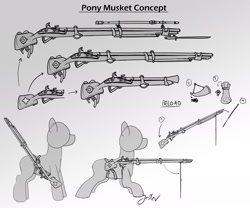 Size: 1980x1650 | Tagged: safe, artist:jesterpi, imported from derpibooru, pony, abstract background, black and white, blunderbuss, diagram, flintlock, grayscale, gun, monochrome, musket, scope, sketch, soldier, weapon