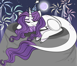 Size: 883x767 | Tagged: safe, artist:star-gaze-pony, imported from derpibooru, oc, oc only, oc:spectra, pony, unicorn, female, fireworks, hat, mare, party hat, sleeping, solo