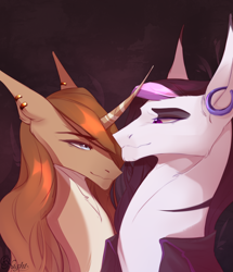 Size: 1718x2000 | Tagged: safe, artist:simonk, imported from derpibooru, oc, oc only, oc:gray rain, oc:night mirage, earth pony, unicorn, bust, clothes, couple, ear piercing, earring, eyeshadow, ginger, intersex, jewelry, long mane, long neck, makeup, male, multicolored hair, piercing, portrait, simple background, trap