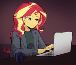 Size: 862x740 | Tagged: safe, artist:nairdags, imported from derpibooru, sunset shimmer, equestria girls, bored, coffee mug, computer, female, laptop computer, mug, solo, taxes