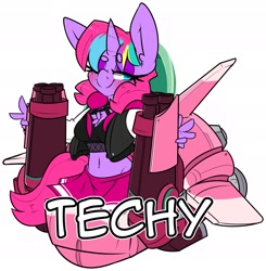 Size: 2300x2346 | Tagged: safe, artist:bbsartboutique, imported from derpibooru, oc, oc only, oc:techy twinkle, anthro, unicorn, beanbrows, blushing, chest fluff, clothes, eyebrows, lidded eyes, looking at you, mecha, midriff, one eye closed, overwatch, skirt, smiling, tanktop, wink