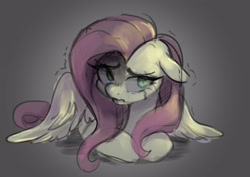 Size: 2906x2061 | Tagged: safe, artist:techycutie, imported from derpibooru, fluttershy, pegasus, pony, crying, ears back, female, floppy ears, head turn, looking at you, looking sideways, lying down, mare, prone, sad, scared, solo, spread wings, trembling, turned head, wavy mouth, wings, wings down