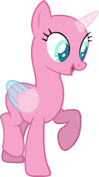 Size: 977x1748 | Tagged: safe, artist:pegasski, imported from derpibooru, oc, oc only, alicorn, pony, common ground, alicorn oc, bald, base, eyelashes, horn, open mouth, raised hoof, simple background, smiling, solo, transparent background, two toned wings, wings
