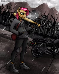 Size: 2000x2520 | Tagged: safe, artist:necromarecy, imported from derpibooru, babs seed, anthro, earth pony, plantigrade anthro, baseball bat, boots, clothes, fingerless gloves, gloves, jacket, lidded eyes, motorcycle, pants, shoes, solo