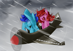 Size: 1802x1272 | Tagged: safe, artist:nanazdina, imported from derpibooru, oc, oc:darie, oc:lunatia elsa, earth pony, pegasus, pony, cloud, couple, duo, flying, ibispaint x, plane, rain, screaming, short comic, simple background, storm