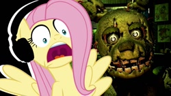 Size: 1366x768 | Tagged: safe, artist:vannamelon, imported from derpibooru, fluttershy, pegasus, pony, five nights at freddy's, five nights at freddy's 3, headphones, reaction, reaction image, scared, springtrap, video game