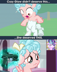 Size: 640x800 | Tagged: safe, imported from derpibooru, cozy glow, starlight glimmer, pony, the last problem, :i, abuse, background pony strikes again, cozy deserved this, cozybuse, gun, handgun, i mean i see, op is a duck, op is trying to start shit, punish the villain, school of friendship, weapon