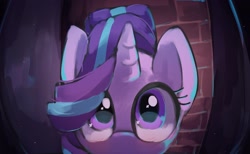 Size: 2402x1481 | Tagged: safe, artist:lexiedraw, imported from derpibooru, starlight glimmer, pony, unicorn, looking at you, meme, peeking, ponified meme, solo