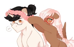 Size: 1024x659 | Tagged: safe, artist:bylullabysoft, imported from derpibooru, oc, oc only, pegasus, pony, blushing, digital art, duo, female, flower, flower in hair, glasses, hooves, horn, looking down, male, mare, oc x oc, shipping, simple background, spread wings, stallion, wings