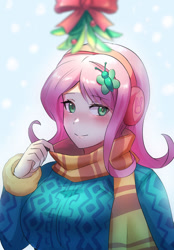 Size: 800x1149 | Tagged: safe, artist:tzc, imported from derpibooru, fluttershy, human, blushing, breasts, christmas, clothes, cute, earmuffs, female, holiday, holly, holly mistaken for mistletoe, humanized, scarf, shyabetes, solo, sweater, sweatershy, wrong eye color