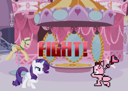 Size: 900x637 | Tagged: safe, artist:mega-poneo, imported from derpibooru, rarity, cat, pony, unicorn, fighting is magic, boutique, crossover, death battle, exploitable meme, female, garnet (jewelpet), jewelpet, mare, meme, pixel art, sprite, wand