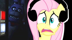 Size: 1366x768 | Tagged: safe, artist:vannamelon, imported from derpibooru, fluttershy, pegasus, pony, five nights at freddy's, headphones, reaction, reaction image