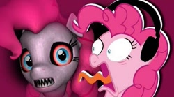Size: 583x324 | Tagged: safe, artist:vannamelon, imported from derpibooru, pinkie pie, earth pony, pony, robot, robot pony, animatronic, five nights at freddy's, five nights at pinkie's, headphones, nightmare fuel, reaction, reaction image, scared, tongue out
