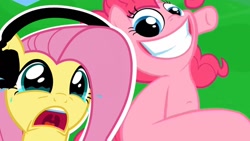 Size: 1280x720 | Tagged: safe, artist:misterdavey, artist:vannamelon, imported from derpibooru, fluttershy, pinkie pie, earth pony, pegasus, pony, smile hd, crying, fluttercry, headphones, reaction, reaction image, scared, youtube thumbnail