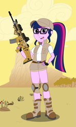 Size: 1085x1821 | Tagged: safe, artist:kromah, imported from derpibooru, sci-twi, twilight sparkle, equestria girls, assault rifle, boots, clothes, cloud, cosplay, costume, desert, eyeglasses, fio germi, glasses, gun, knee pads, metal slug, ponytail, rifle, scar-l, shirt, shoes, shorts, solo, t-shirt, vest, waifu, weapon, yellow sky