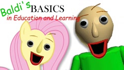 Size: 1280x720 | Tagged: safe, artist:vannamelon, imported from derpibooru, fluttershy, human, pony, baldi, baldi's basics in education and learning, creepy, cursed image, duo, simple background, text, uncanny valley, video game, white background, wtf, youtube thumbnail