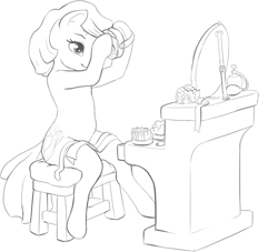 Size: 1195x1087 | Tagged: safe, artist:mrstrats, imported from derpibooru, earth pony, semi-anthro, brush, hairbrush, mirror, monochrome, perfume, solo