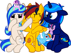 Size: 2656x2000 | Tagged: safe, artist:stellardust, derpibooru exclusive, imported from derpibooru, rainbow dash, starlight glimmer, twilight sparkle, oc, oc:cloud burst, oc:firestorm metallic, oc:stellar dust, pegasus, pony, unicorn, derpibooru community collaboration, 2021 community collab, :i, boop, eyes closed, female, floppy ears, freckles, high res, i mean i see, looking at you, mare, plushie, self-boop, simple background, sitting, surprised, tongue out, transparent background