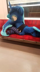 Size: 1072x1920 | Tagged: safe, imported from derpibooru, princess luna, alicorn, pony, clothes, female, giant pony, irl, lying down, macro, mare, mega luna, metro, photo, plushie, poland, prone, public transportation, socks, solo, striped socks, subway train, train, underground, warsaw